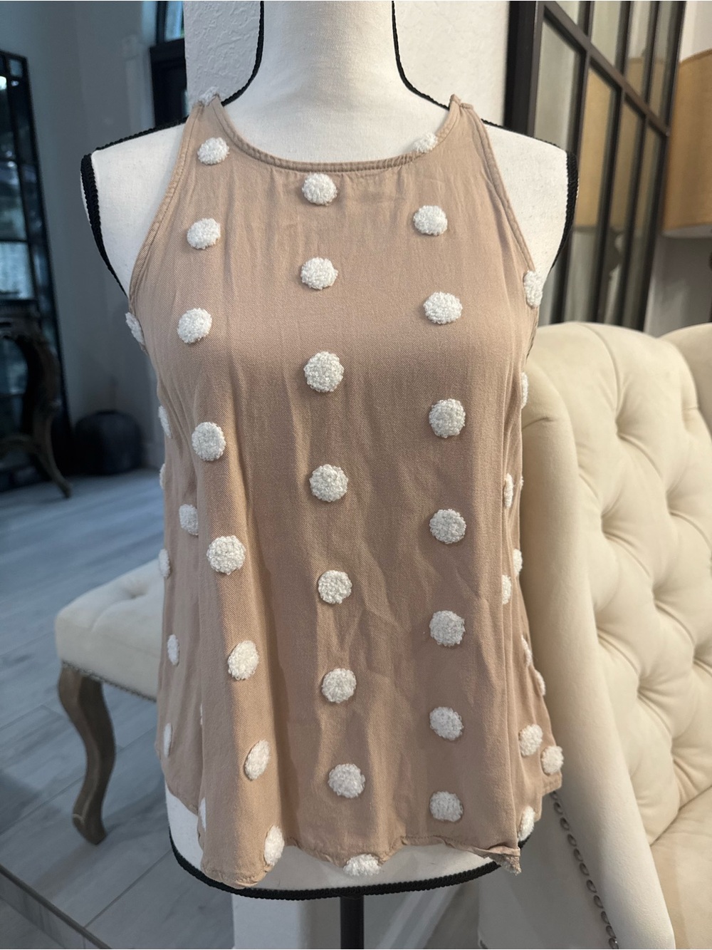 Vici Beige Tank Top with White Pom-Pom Accents
